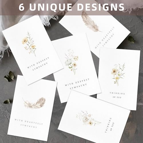 24 Pcs Sympathy Cards with Envelopes, Bulk Condolence Cards with Thoughtful Messages with Adhesive Envelopes and Stickers, 6 Unique Designs
