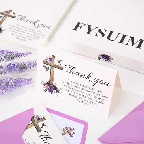 FYSUIMU 50Pcs Funeral Thank You Cards Boxed Purple Floral Cross Sympathy Thank You Cards with Sticker Envelope Bereavement Card for Memorial Service Loved Ones Celebration of Life - style: Purple Floral