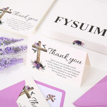 FYSUIMU 50Pcs Funeral Thank You Cards Boxed Purple Floral Cross Sympathy Thank You Cards with Sticker Envelope Bereavement Card for Memorial Service Loved Ones Celebration of Life - style: Purple Floral