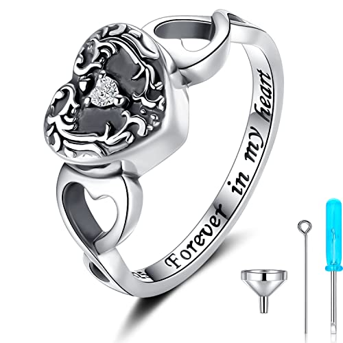 Sterling Silver Forever in My Heart Cremation Jewelry Urn Rings Hold Loved Ones Ashes - Tree of Life Urn Finger Rings Memorial Ashes Keepsake Jewelry Gifts for Women Men