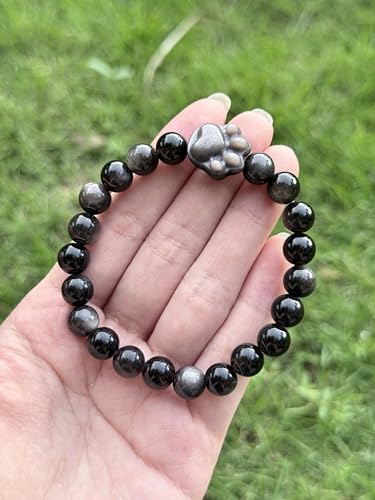 LINGYUAN Black Obsidian Cat Bracelet, Natural Stone Beaded Bracelet for Protection Luck and Energy Balance, Handmade Healing Crystal Jewelry Gift for Women and Men - color: cat paw