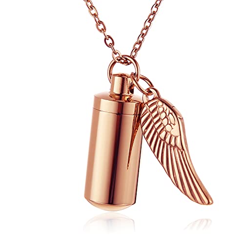 STWTR Stainless Steel Cylindrical Souvenir Capsule Pill Pendant Necklace, Cremated Ashes Pill Container Necklace - color: Rose Gold