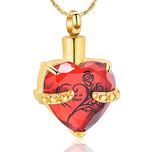 constantlife Crystal Heart Shape Cremation Jewelry Memorial Urn Necklace for Ashes, Stainless Steel Ash Holder Pendant Keepsake with Gift Box Charms Accessories for Women - color: Gold+Red