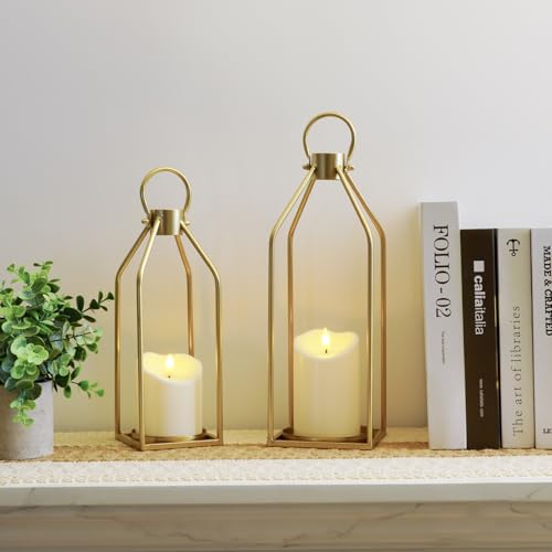 Homemory Modern Farmhouse Gold Metal Lanterns 2PCS with Flameless Candle - color: Gold