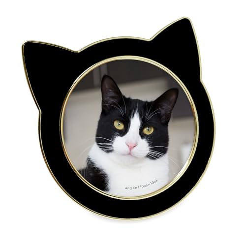 Isaac Jacobs 4x4 Black w/Gold Round Enamel Cat Picture Frame w/Ears & Easel | Round Enamel Cat Picture Frame w/Ears - Tabletop, Home & Office Décor - color: Black with Gold, size: 4x4