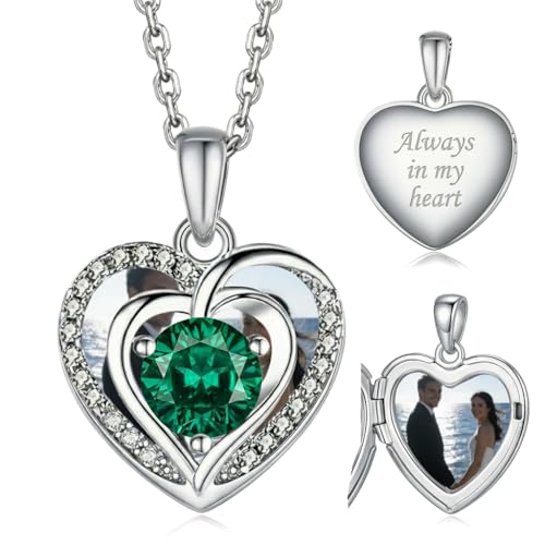 Locket Heart Necklace that Holds Pictures Photo Lockets Birthstone Pendant Anniversary Memorial Jewelry Gifts for Women - color: 05-May-Silver-Heart Locket