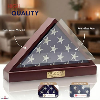 DECOMIL Burial Flag Display Case Personalized, 5x9 Flag Display Stand with Pedestal, Flag Case for Funeral Flag, Solid Wood Cherry Finish, Flag Case with Name Plate