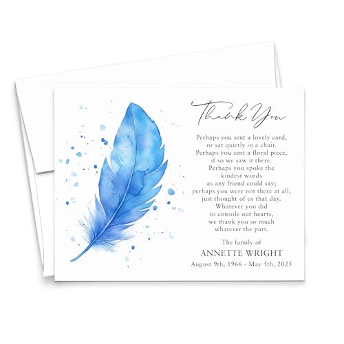 Modern Pink Paper Personalized Sympathy Cards With Feathers, FLAT Blue Funeral Thank You Notes and Envelopes, Bereavement Thank You From The Family Of Card, Your Choice of Quantity & Color - color: Blue Feather