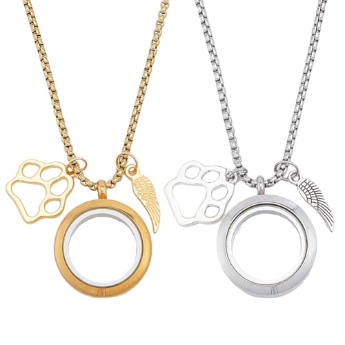2Pcs Pet Hair Memorial Necklace Stainless Steel Fur Ashes Keepsake Necklace Clear Glass Locket Necklaces with Wing & Paw Cat Dog Urn Picture Memorial Jewelry for Women Men Personalised Gift
