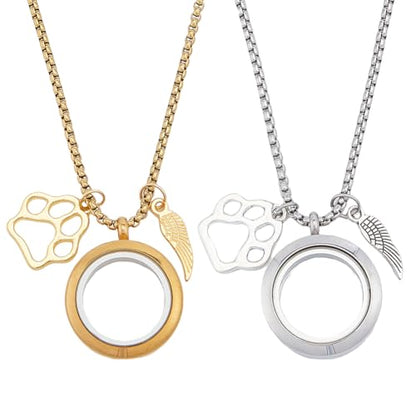 2Pcs Pet Hair Memorial Necklace Stainless Steel Fur Ashes Keepsake Necklace Clear Glass Locket Necklaces with Wing & Paw Cat Dog Urn Picture Memorial Jewelry for Women Men Personalised Gift