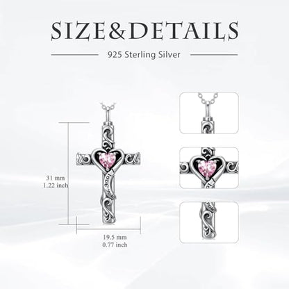 TOUPOP Cross Urn Necklaces for Ashes Birthstone Cremation Jewelry 925 Sterling Silver Cross Memorial Keepsake Jewelry for Women (with Funnel Filler) - color: 10-October-Pink Tourmaline
