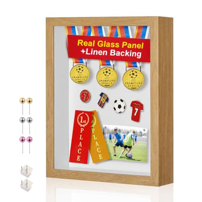 11x14 Shadow Box Frame with Shatterproof Clear Glass & Push Pins - color: Wood Color+foam Back+foam Packaging, size: 11x14