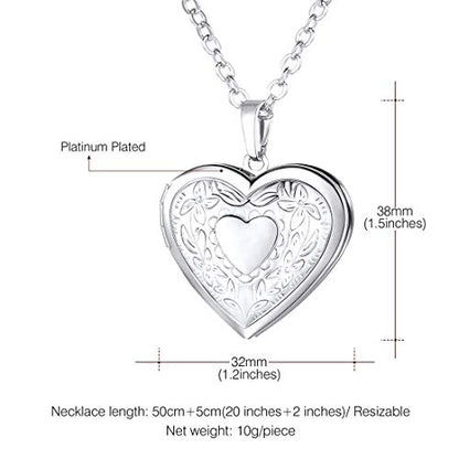 U7 Women Locket Necklace, Heart Photo Lockets Hold Picture, Gift Box Packed | Gold/Silver/Rose Locket Charm, Custom Picture and Engravement Heart Pendant, 20" Chain, Personalized Gift for Mom Wife Friend - color: 01# (Hot!)Platinum Heart