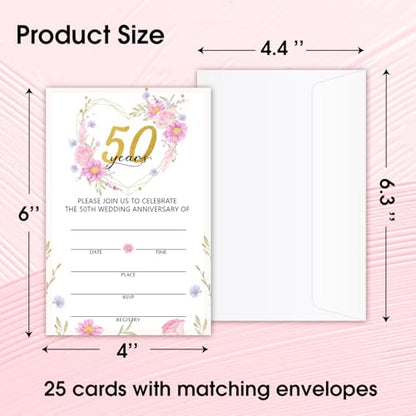 50 Years Anniversary Bridal Shower Invitations Cards, Set of 25 Pink Floral Fill in Style 50th Year Wedding Invites Cards with Envelopes for Couples Marriage Party Supplies-T06 - color: 50 Years-02