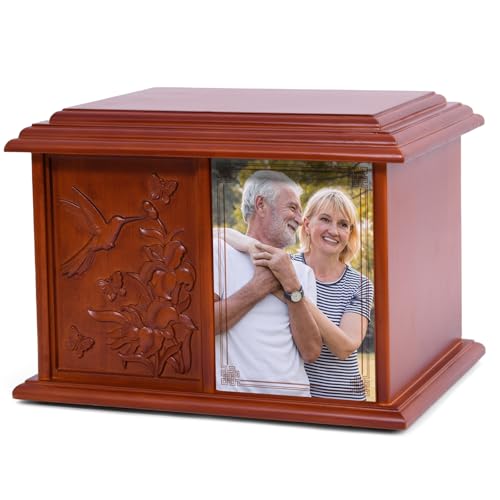 Double Companion Urn for 2 Adults Holds Up to 400 Cubic Inches Wooden Cremation Urn for Human Ashes with 4 x 6 Photo Frame Carved Hummingbird Memorial Urn for Husband Wife Parents