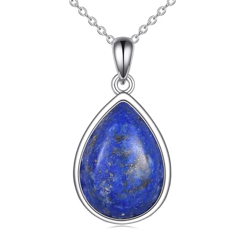 CRMAD Larimar/Opal/Lapis Lazuli/Tourmaline/Malachite/Labradorite/Turquoise/Onyx/Rose Quartz/Amber/Peridot Necklace for Women 925 Sterling Silver Teardrop Pendant Jewelry Gifts - color: lapis lazuli