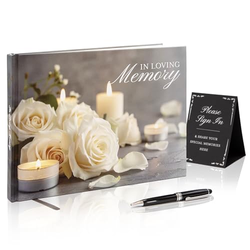 Rose Hardcover Funeral Guest Book - 9.5 x 7 Celebration of Life Guestbook for Memorial Service with 5x7 Paper Sign, Pen, Black Photo Corner Stickers - color: Rose