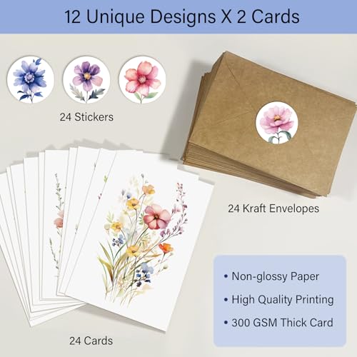 24 Floral Blank Cards and Envelopes, 4x6 Wildflower Blank Note Cards for All Occasions - Sympathy Thank You Condolences Funeral Thinking of You Mother's Day Wedding Graduation, Etc