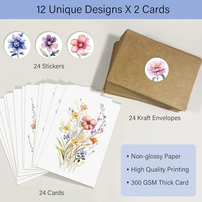 24 Floral Blank Cards and Envelopes, 4x6 Wildflower Blank Note Cards for All Occasions - Sympathy Thank You Condolences Funeral Thinking of You Mother's Day Wedding Graduation, Etc