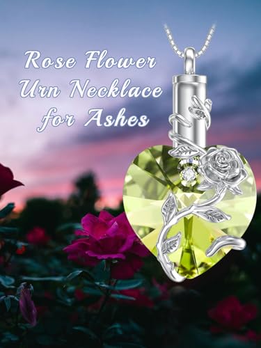 OCJ Heart Rose Flower Urn Necklace for Ashes Women Birthstone Cremation Necklaces Sterling Silver Memorial Cremation Jewelry Gifts - color: 08-Aug-Peridot