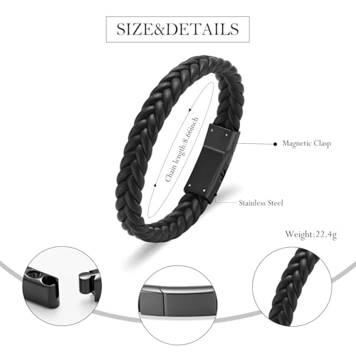 Cremation Jewelry Urn Bracelet for Ashes Men's Braided Genuine Leather Stainless Steel Memorial Cuff Bangle Braided Wristband Bracelet Keepsake Jewelry for Loved Ones with Fill Tool - color: C-Black 22cm/8.66"