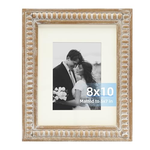 Wooden Beaded 8x10 Picture Frame with Mat, Rustic Farmhouse Solid Wood Photo Frame for 5x7 Photos, Wall or Tabletop Display, Vintage White Distressed Home Decor - color: Natural, size: Single 8x10