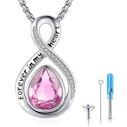 Eusense Cremation Jewelry for Ashes Urn Necklace to Put Ashes In 925 Sterling Silver Memorial Pendant Tree of Life Infinity Urn Necklaces for Ashes Necklace for Women Men - style: F-Infinity Urn-10-Oct.-Tourmaline Pink