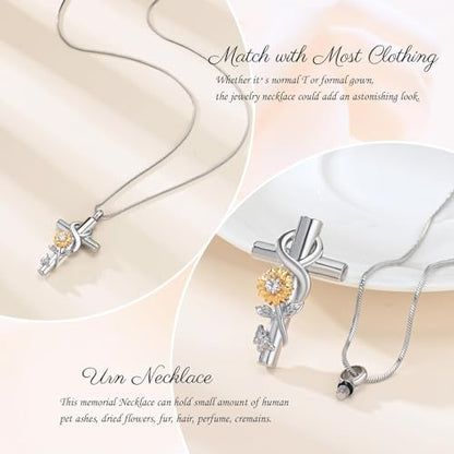 Urn Necklace for Ashes Sunflower Cross Necklace Cremation Jewelry Ashes Necklace for Human Women Pets Sunshine Pendant Keepsake Jewelry for Ashes - color: Silver-gold White