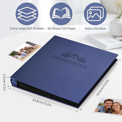 DazSpirit 4x6 Photo Album, 600 Pockets, Leather Cover, Slip-In Pages | Embossed Leather Cover, Extra-Large Memory Book for Wedding, Baby, Anniversary and Family Photos, Dark Blue - color: Dark Blue