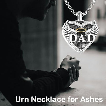 Family Members Urn Necklace for Ashes 925 Sterling Silver Angel Wings Heart Cremation Memorial Keepsake Pendant Jewelry for Loved One's Ashes, with 18" + 2" Stainless Steel Chain - style: Heart-Dad
