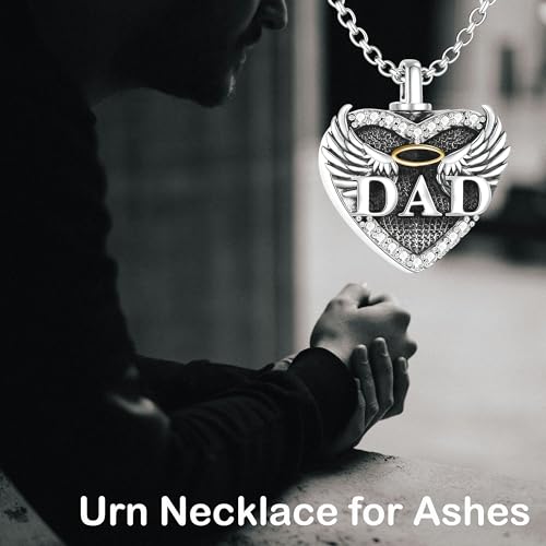 Family Members Urn Necklace for Ashes 925 Sterling Silver Angel Wings Heart Cremation Memorial Keepsake Pendant Jewelry for Loved One's Ashes, with 18" + 2" Stainless Steel Chain - style: Heart-Dad
