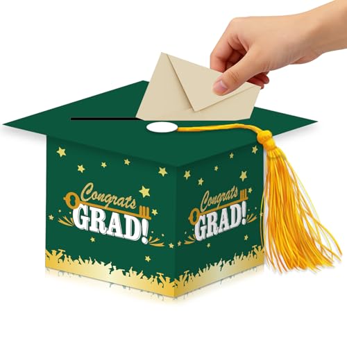 Graduation Card Box with Tassel – Cardboard Grad Card Holder for Graduation Party Decorations 2026, Large Capacity Money Box for Gift Cards Green - color: Green
