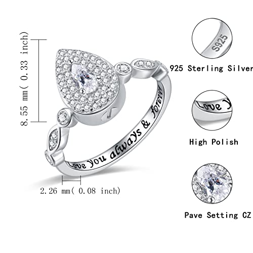 Sariel Teardrop Cremation Ring for Ashes - 925 Sterling Silver Urn Keepake Rings Memorial Jewelry for Women - color: White