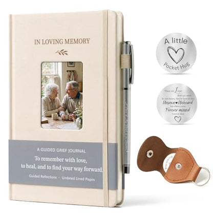 Guided Grief Journal Sympathy Gift Set with Photo Frame Cover | Pocket Hug Coin Keychain & Engraved Pen ,Bereavement, Remembrance, Loss of Loved One, Mother, Father Memorial Gifts (Linen) - style: Guided Grief Journal