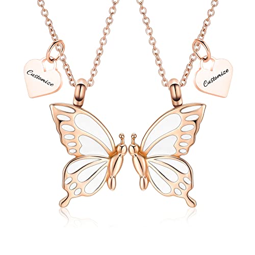 constantlife 2 Pack Butterfly Urn Necklaces for Ashes for Women Girls Stainless Steel Pendants Cremation Keepsake Jewelry Mother Daughter Sister Friendship Memorial Gifts - color: Customize-B