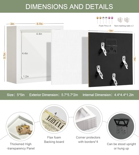5x5 Smal Shadow Box Frame with Thickened Acrylic Panel & Pins - color: White+foam Back+foam Packaging, size: 5x5