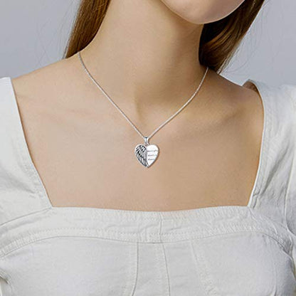 CHENGHONG Heart Pendant Locket Necklace 925 Sterling Silver Personalized Locket Necklace That Holds Pictures Photo Memorial Memory Jewelry Gifts for Women - style: Angel Wings