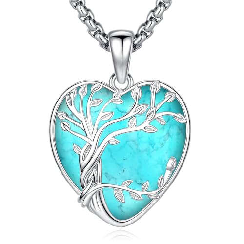 Eusense Tree of Life Necklace for Women Men Sterling Silver 925 Tree Urn Locket Cremation Jewelry Family Tree Pendant Gifts for Her Him Mom Dad Grandma Daughter - style: E-E-Tree of Life Necklace Turquoise