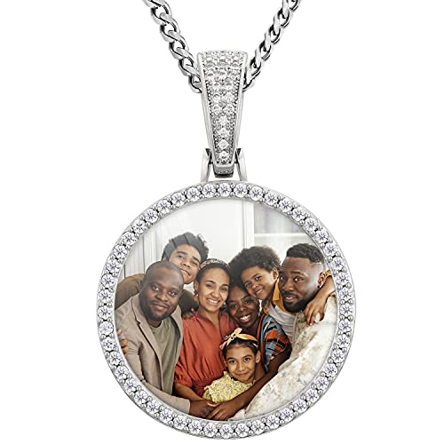 YIMERAIRE Customized Picture Necklace Personalized Circle Chain | Moissanite, 18k Gold Plated, Sterling Silver,CZ,For Men Women - color: 01 Circle Pendant(Silver)+Cuban Chain 0171
