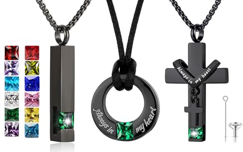 YOUFENG 3 Pieces Cremation Urn Necklaces for Ashes Keepsake Cremation Jewelry Cross Round Bar Birthstone Crystal Stainless Steel Memorial Pendant for Women Men - color: Emerald