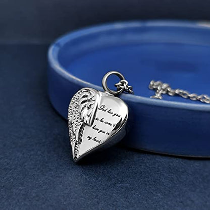 Angel Wing Heart Cremation Urn Necklace for Human Ashes Keepsake Memroial Jewelry God Has You in His Arms I Have you in My Heart - style: Silver-Grandma