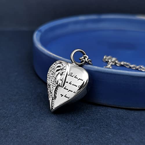 Angel Wing Heart Cremation Urn Necklace for Human Ashes Keepsake Memroial Jewelry God Has You in His Arms I Have you in My Heart - style: Silver-Grandpa