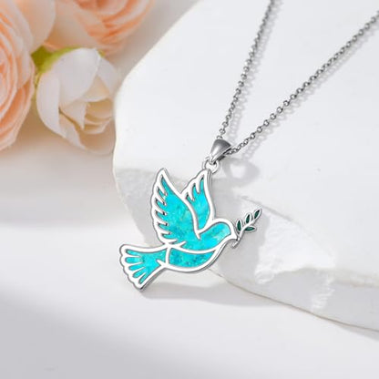Dove/Hummingbird/Red Cardinal/Dragonfly/Butterfly Necklace 925 Sterling Silver Turquoise/Opal/MoonStone/Crystal/Malachite Bird Necklace Dove Pendant Jewelry for Women Men - color: Dove Turquoise