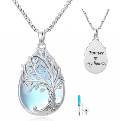 Tree of Life Urn Necklace for Ashes/Pet Cremation Teardrop Moonstone Necklace Pendant Jewelry Gifts for Mom Wife Women Birthday Christmas Memorial Day - color: Tree of Life Urn Necklace