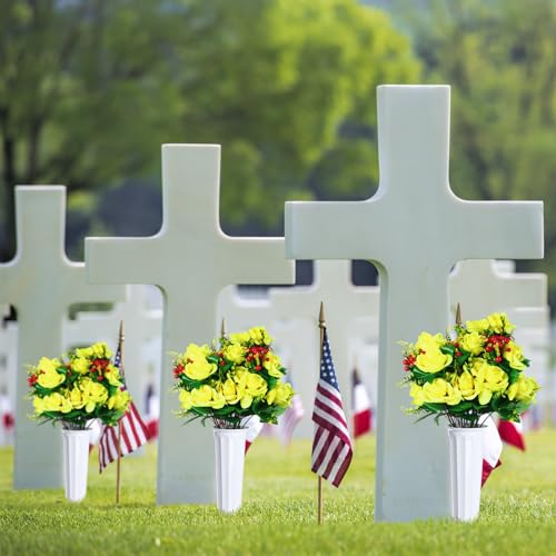 Tigeen 4 Sets Artificial Cemetery Flowers with Vase for Grave,White, Yellow - color: White, Yellow