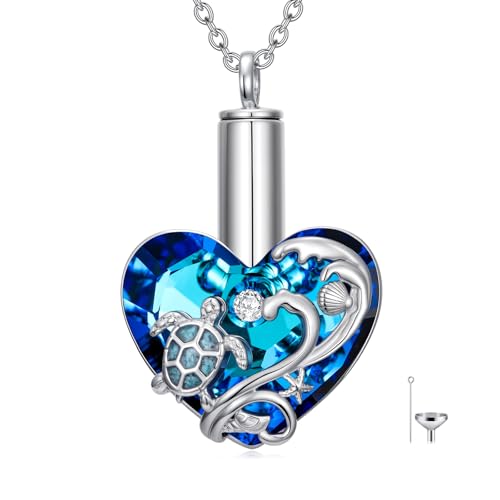 TOUPOP Sterling Silver Urn Necklace for Ashes with Crystal Memorial Keepsake Dragonfly/Butterfly/Cardinal/Cat/Dolphin Cremeation Jewelry Birthday Mothers Day Christmas Gifts for Her Women - style: Sea Turtle