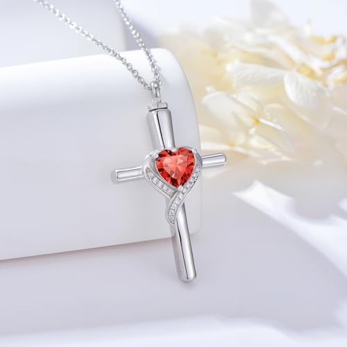 TOUPOP Cross Urn Necklaces for Ashes Birthstone Cremation Jewelry 925 Sterling Silver Cross Memorial Keepsake Funeral Jewelry for Women (with Funnel Filler) - color: 07-July-Ruby