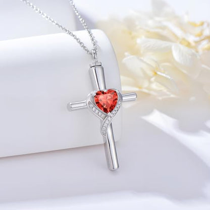 TOUPOP Cross Urn Necklaces for Ashes Birthstone Cremation Jewelry 925 Sterling Silver Cross Memorial Keepsake Funeral Jewelry for Women (with Funnel Filler) - color: 07-July-Ruby