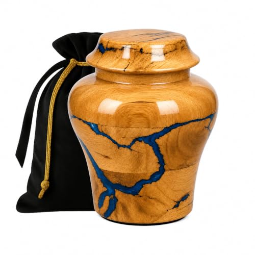 Wooden Keepsake urn for (Small Portion) Decorative urn for Ashes Blue Urn for Man and Women Burial and Funeral Urn Handcrafted | Unique Fractal Burning Design Keepsake 20 Cu in Capacity. - size: Keepsake ( 20 lbs)