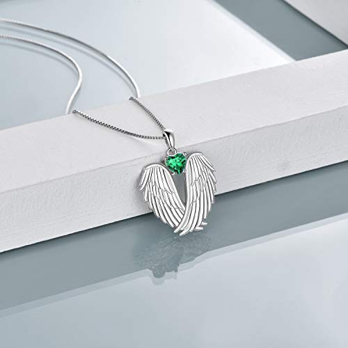 YFN Angel Wings Necklace 925 Sterling Silver Guardian Angel Wings Pendant Necklace Birthstone Necklace for Women Girls Christmas Jewelry Gifts - color: May-Green